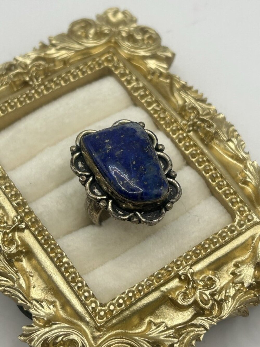 Vintage Lapis Lazuli Adjustable Ring Blue Stone Boho Statement Silver Tone Big - Picture 10 of 16